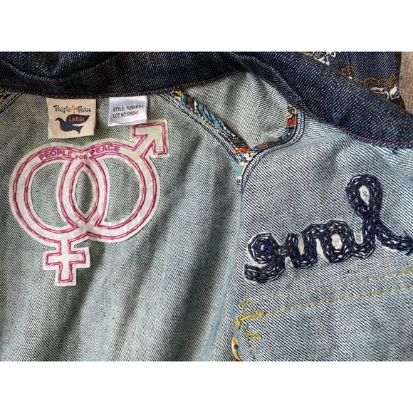 RARE! People 4 Peace Embroidered Denim Jacket, Large, Boho, Unique, Hippy, Y2K - Picture 6 of 12